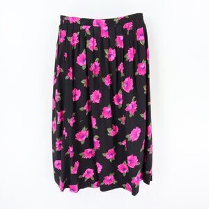 Leslie Fay Midi Skirt Pleated A-Line Womens Size 10P Black Pink Floral Zip Close